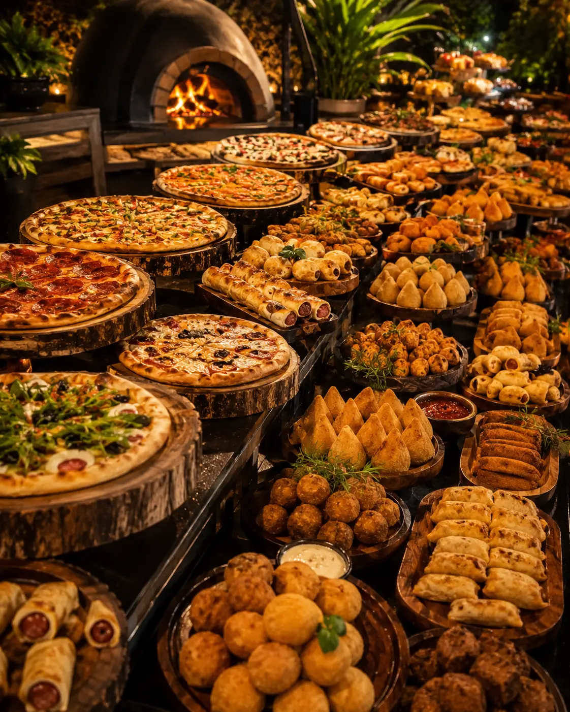 Festa completa com pizza, salgados, bebidas e cortesia