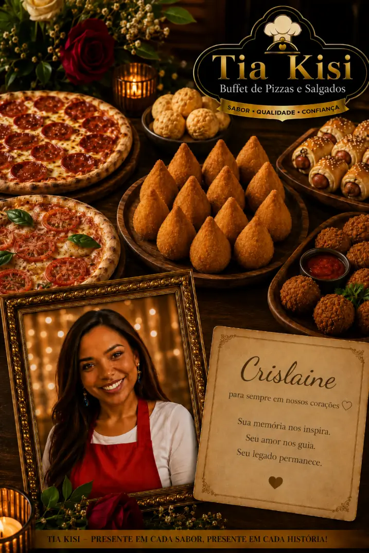 Homenagem à Dona Crisaline, a Tia Kisi, cercada pelo buffet de pizzas e salgados